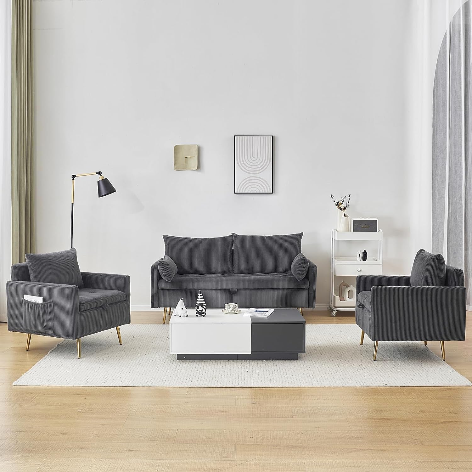 3-Piece Storage Sofa and Couch Set, Corduroy Loveseat with 2Pc Accent Single Chairs, Small Living Room Furniture Set for Apartment, Tiny Homes and Lofts, 3Pc-Gray-1