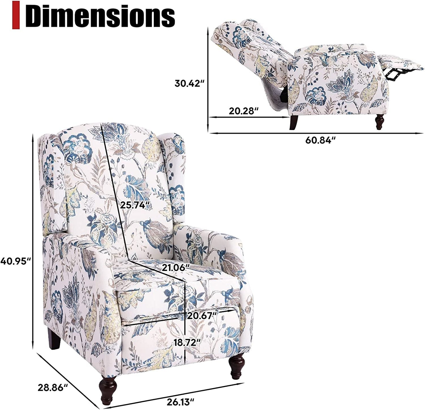 Upholstered Wingback Recliner Chair, Padded, Blue Floral-1