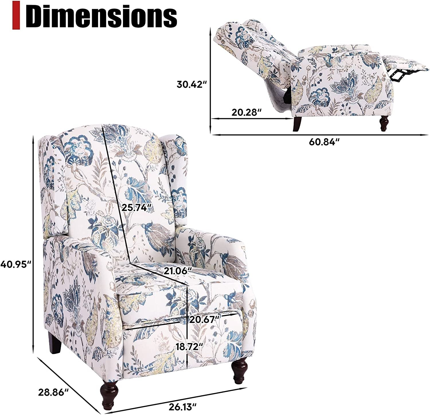 Upholstered Wingback Recliner Chair, Padded, Blue Floral-1