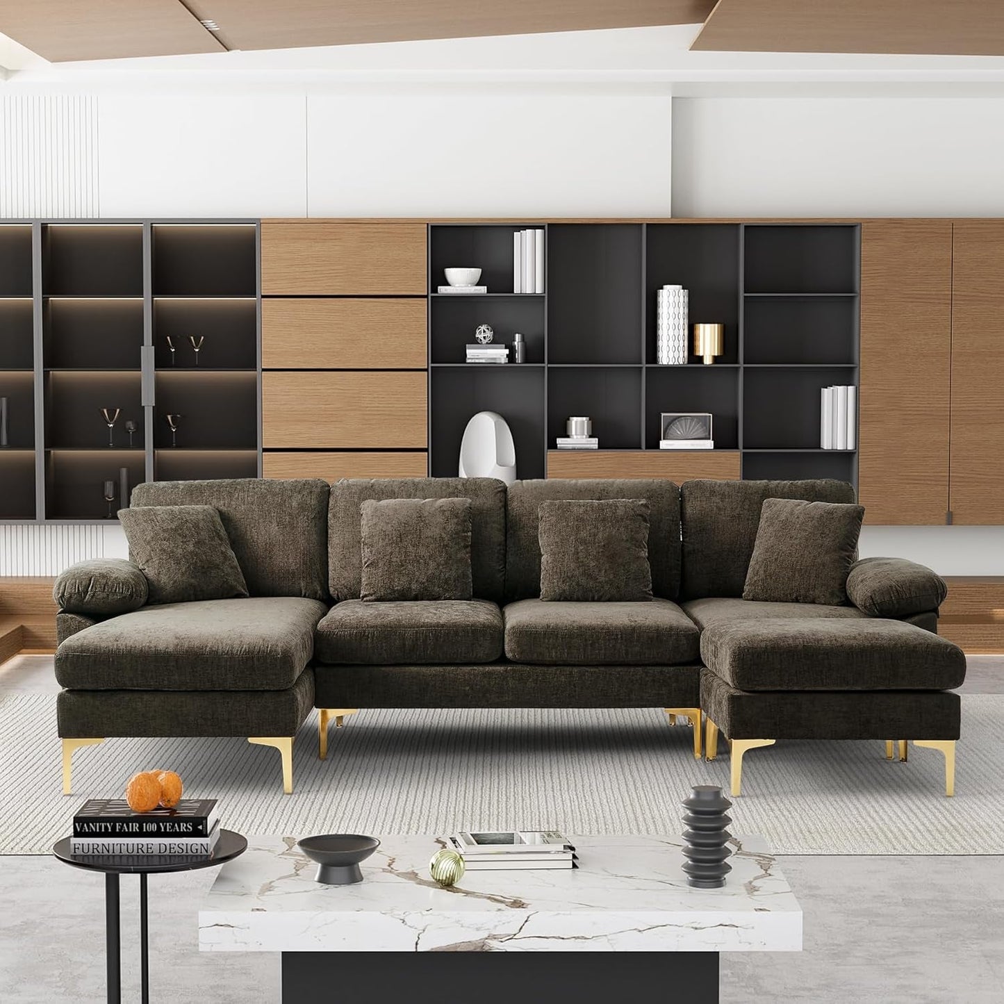 U-Shaped Sectional Sofa Couch, 4 Seat Sofa Set for Living Room, Convertible L-Shaped Chenille Couch Set with Chaise Lounge, Ottoman and Pillows,114 Inches (Brown)-2