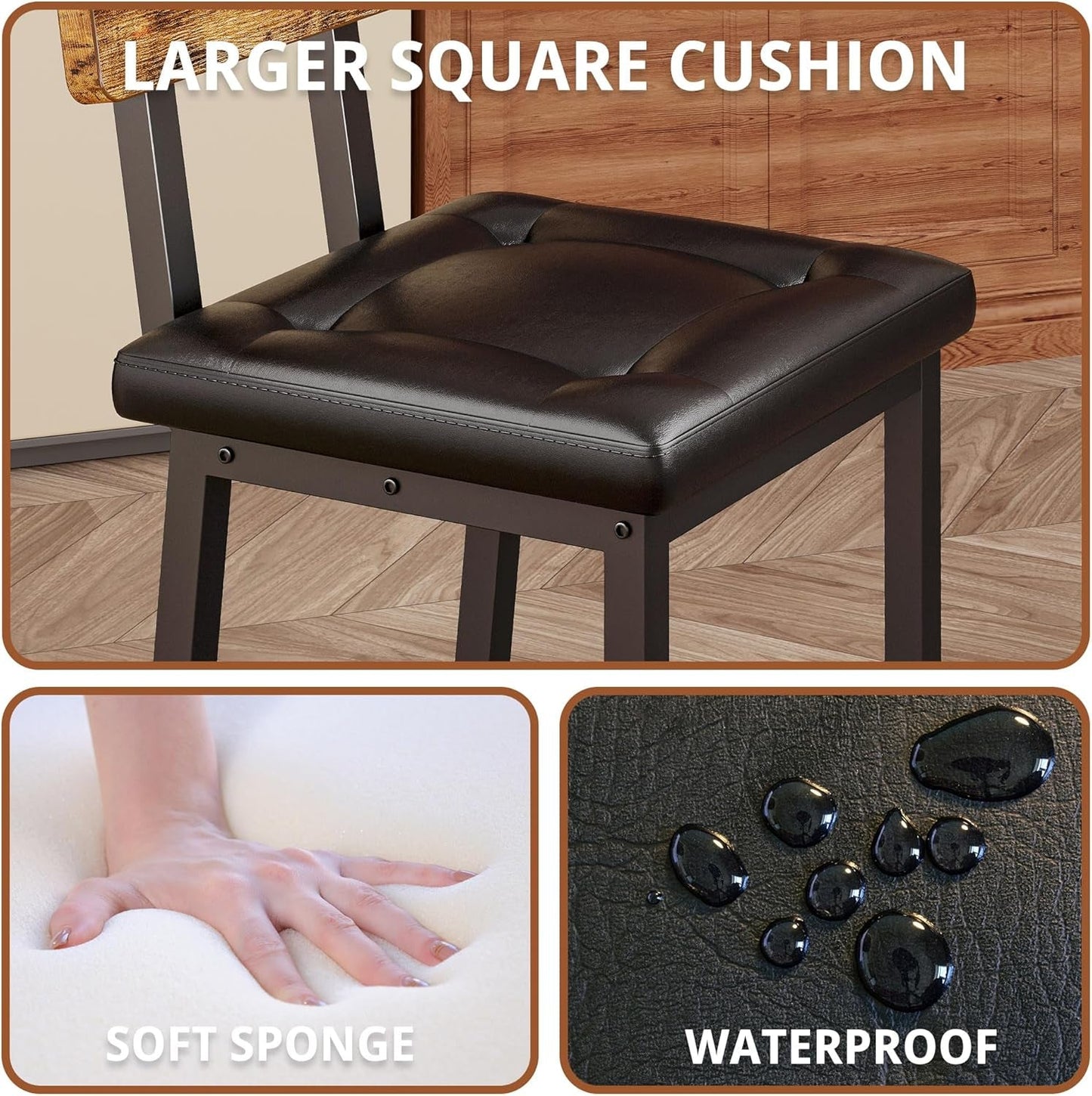Bar Stools Set of 4, 16.5In Square PU Upholstered Barstools with Back and Footrest, Thick Cushion Stools for Kitchen Island for Dining Room Kitchen Counter Bar, Rustic Brown and Black-3