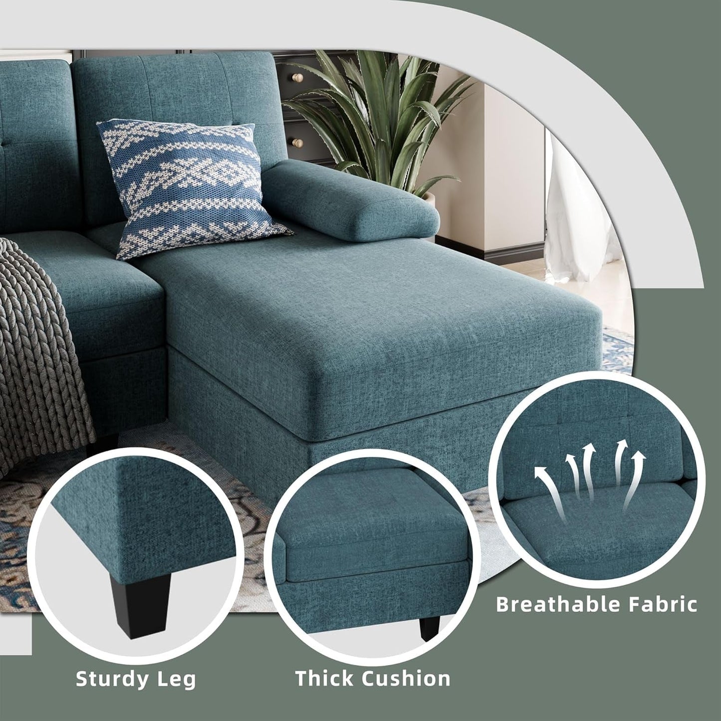 U-Shaped Sectional Sofa with Double Chaise, 4-Seat Linen Fabric Living Room Furniture Set, High-Density Cushions for Ultimate Comfort & Modern Style, Lake Blue-2