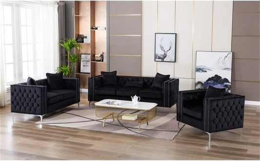 Lorreto Black Velvet Fabric Sofa Loveseat Chair Living Room Set-1