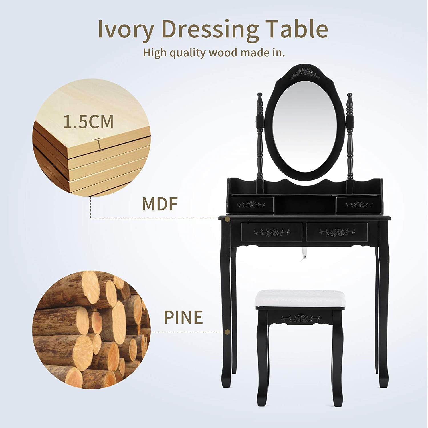 Oval Mirror Makeup Table with Drawer Storage-2