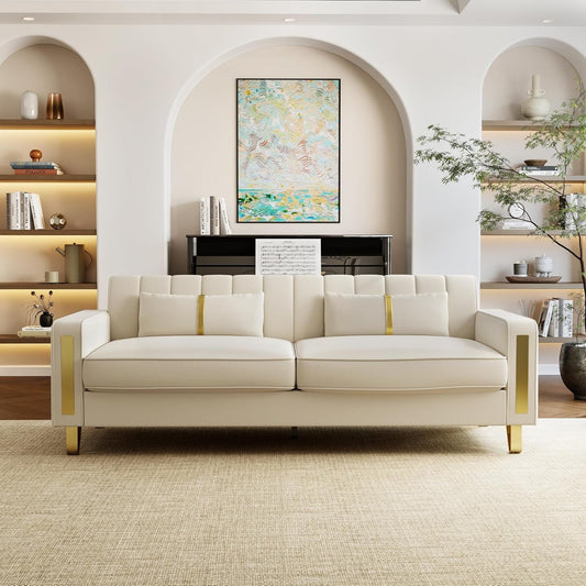 Loveseat Couch for Living Room, 86" Beige Velvet Sofa Couch with 2 Pillows & Gold Metal Legs, Modern Upholstered Sofa Love Seat Sectional Couches for Apartment Home Office-0