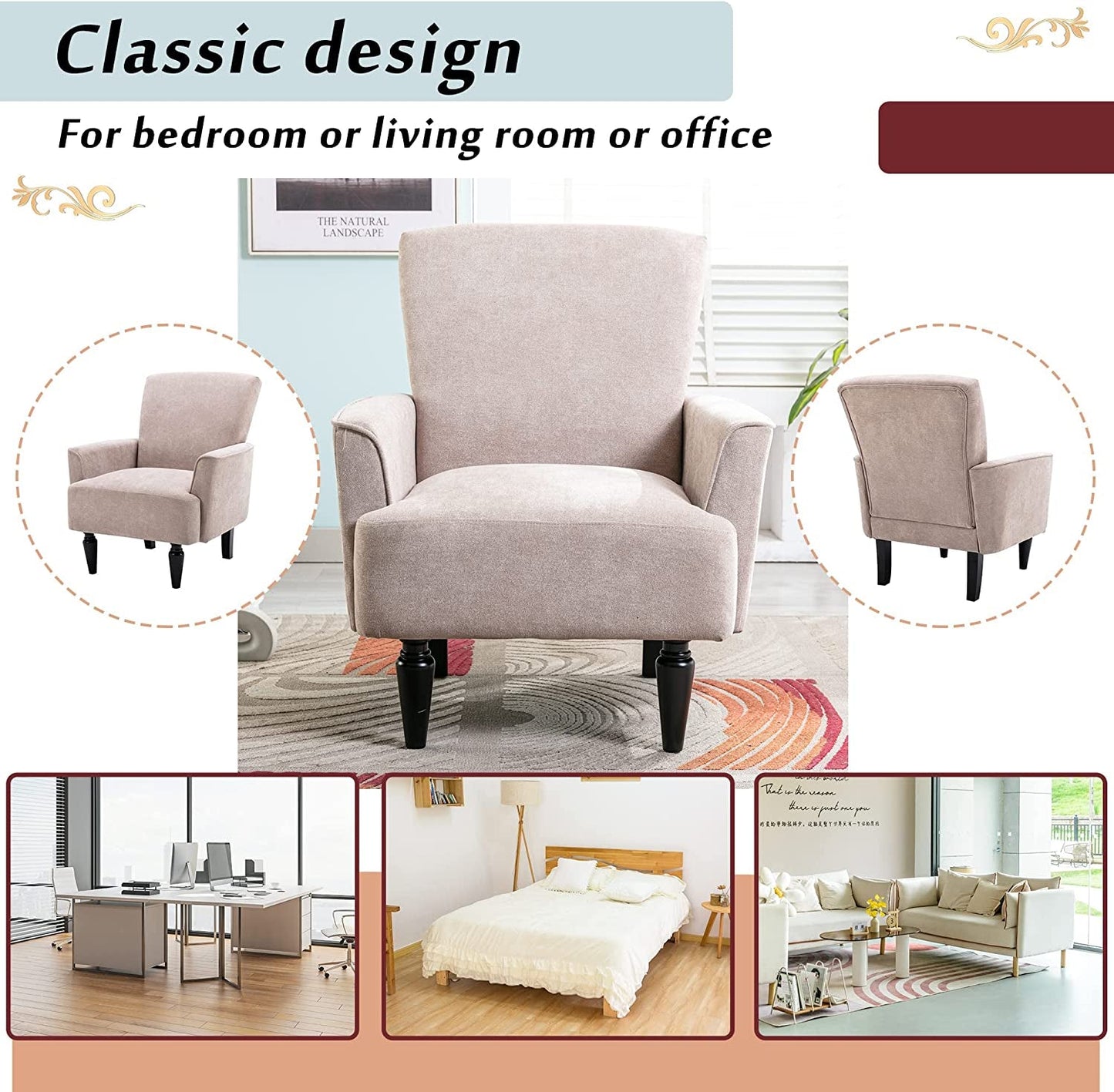 Mid Century High Back Velvet Armchair with Wood Legs-3