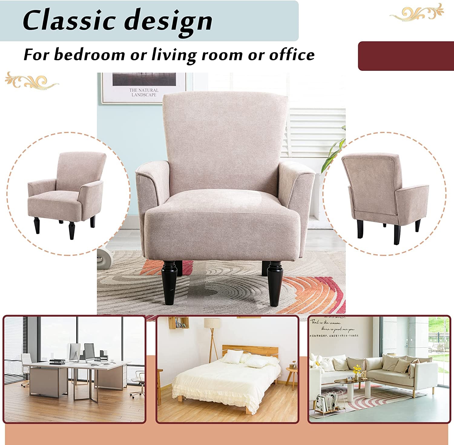 Mid Century High Back Velvet Armchair with Wood Legs-3