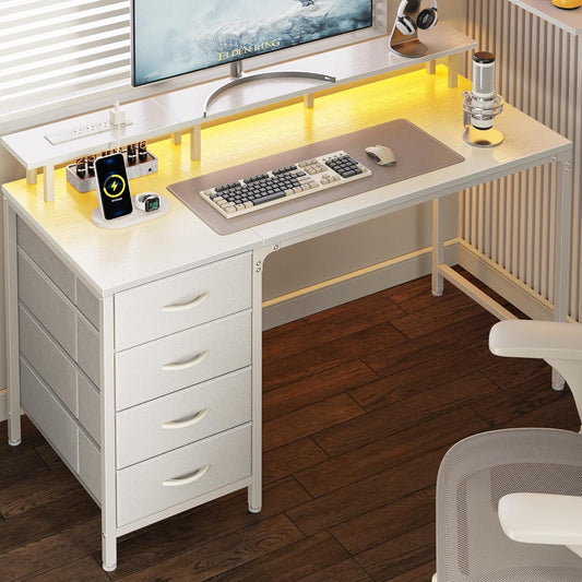 47 Inch Computer Desk with Power Outlets and LED Lights, Gaming Desk with 4 Drawers, Office Desk with Monitor Stand, Study Desk Work Desk for Home Office, Small Spaces, White-0