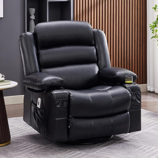 Rocker Recliner Chair with Heat and Massage, 360° Swivel Recliner Chairs for Adults, Oversized Recliner Single Sofa Seat with Cup Holders, Lazy Boy Recliner Single Sofa Seat, Black-0