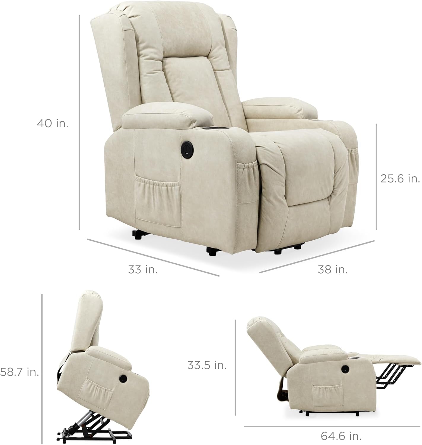 PU Leather Electric Power Lift Chair, Recliner Massage Chair, Adjustable Furniture for Back, Legs W/ 3 Positions, USB Port, Heat, Cupholders, Easy-To-Reach Side Button - Beige-1