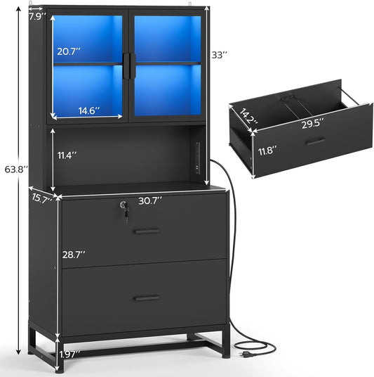 2 Drawer File Cabinet with Lock & Charging Station, Filing Cabinet Fits Letter, Legal, A4 Size, Wood File Cabinets for Home Office with Bookshelf, Printer Stand with Storage Shelf, Black-1