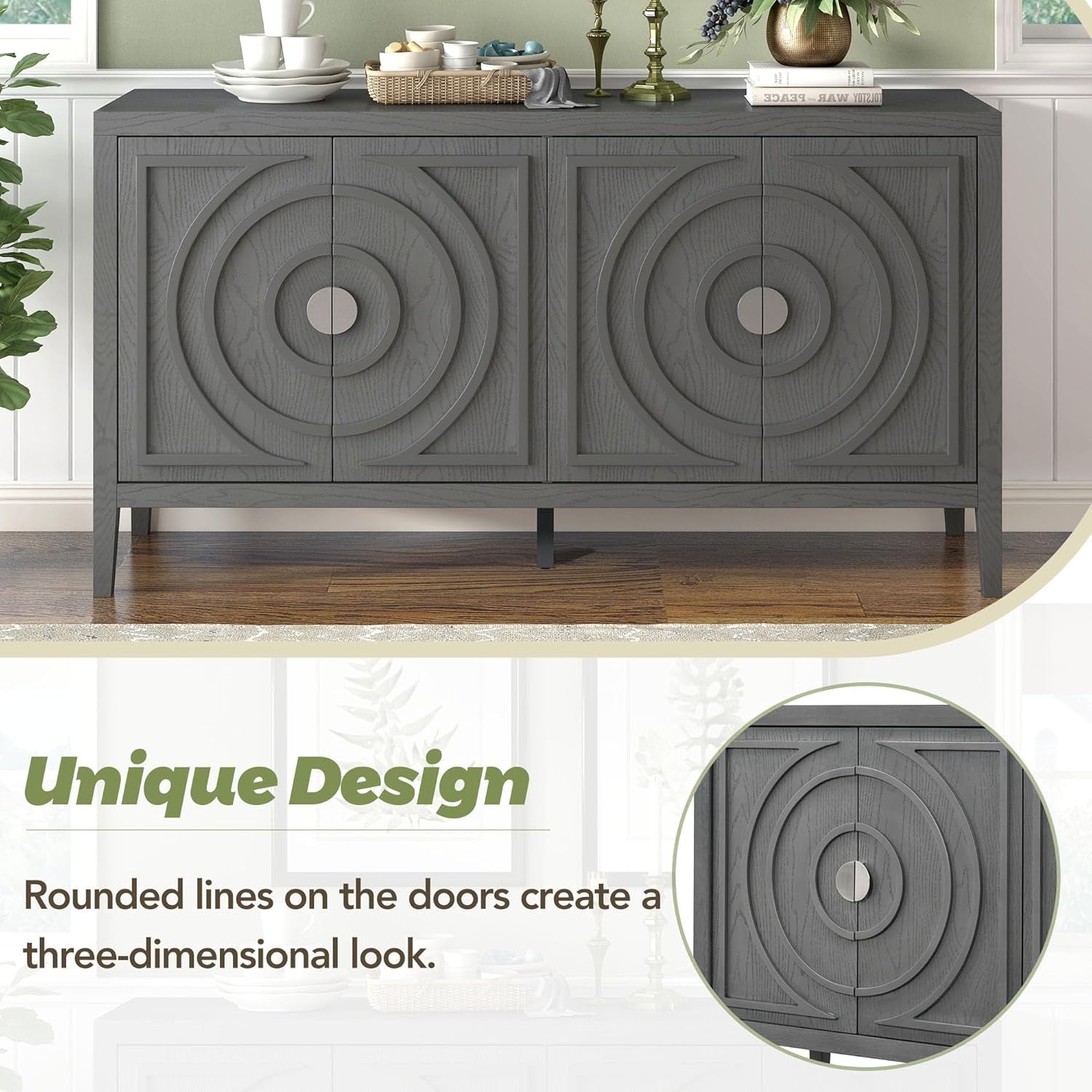 Gray Wood Farmhouse Buffet Sideboard with with Circular Groove Designcoffee Bar Storge Cabinet Console Table for Living Room Kitchen, 1 Set-3