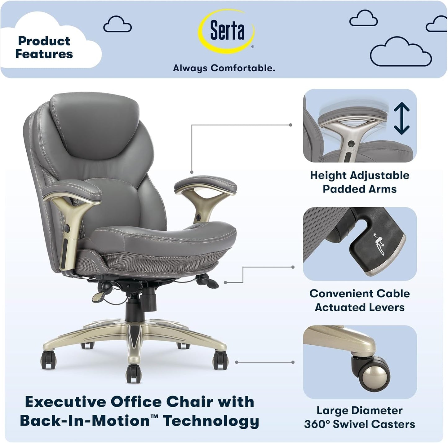 Ergonomic Executive Office Chair Motion Technology Adjustable Mid Back Design with Lumbar Support, Gray Bonded Leather-3