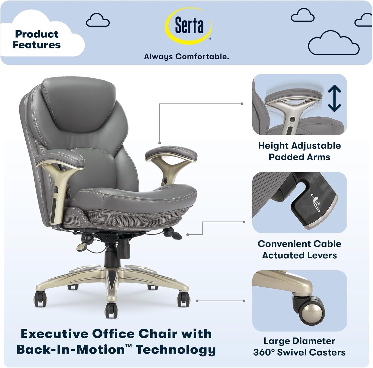 Ergonomic Executive Office Chair Motion Technology Adjustable Mid Back Design with Lumbar Support, Gray Bonded Leather-3