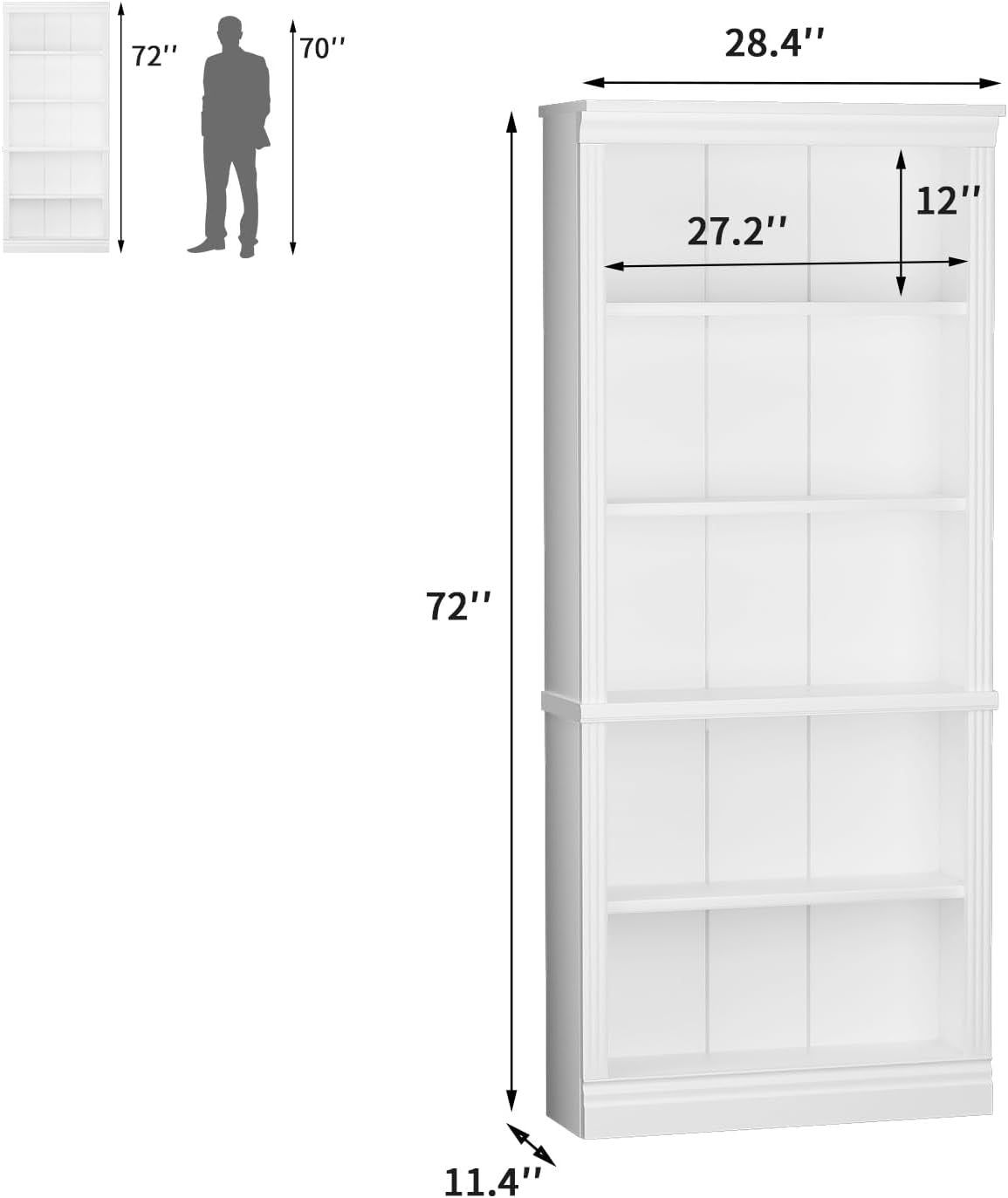 White 5 Tier Tall Bookcase Large Storage-2