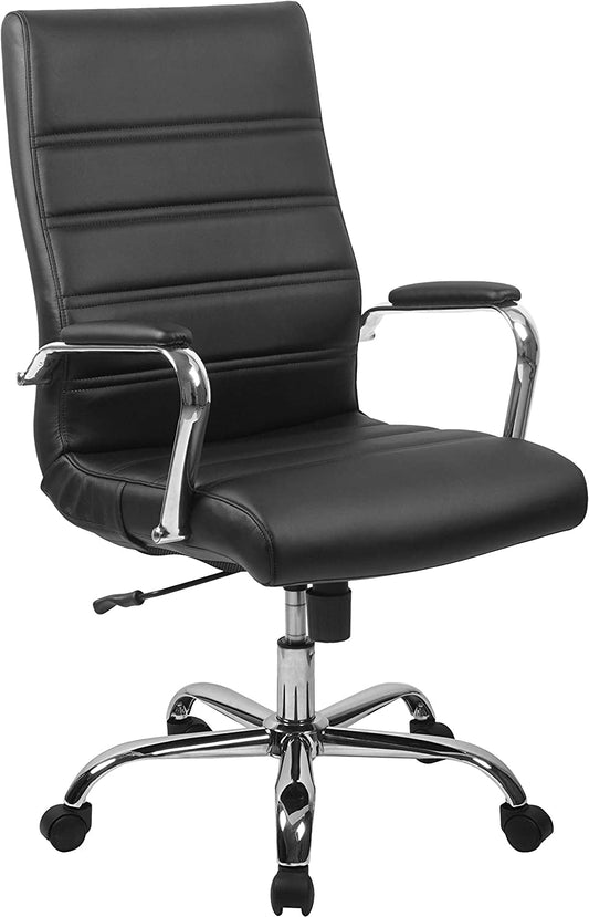 Whitney High-Back Swivel Leathersoft Desk Chair with Padded Seat and Armrests, Adjustable Height Padded Office Chair, Black/Chrome-0