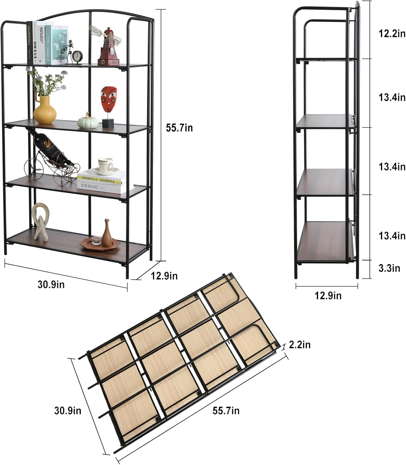 No Assembly Folding Bookshelf for Living Room, 4 Tier Black Collapsible Book Shelf for Home Office, Portable Bookcase Storage Organizer-2