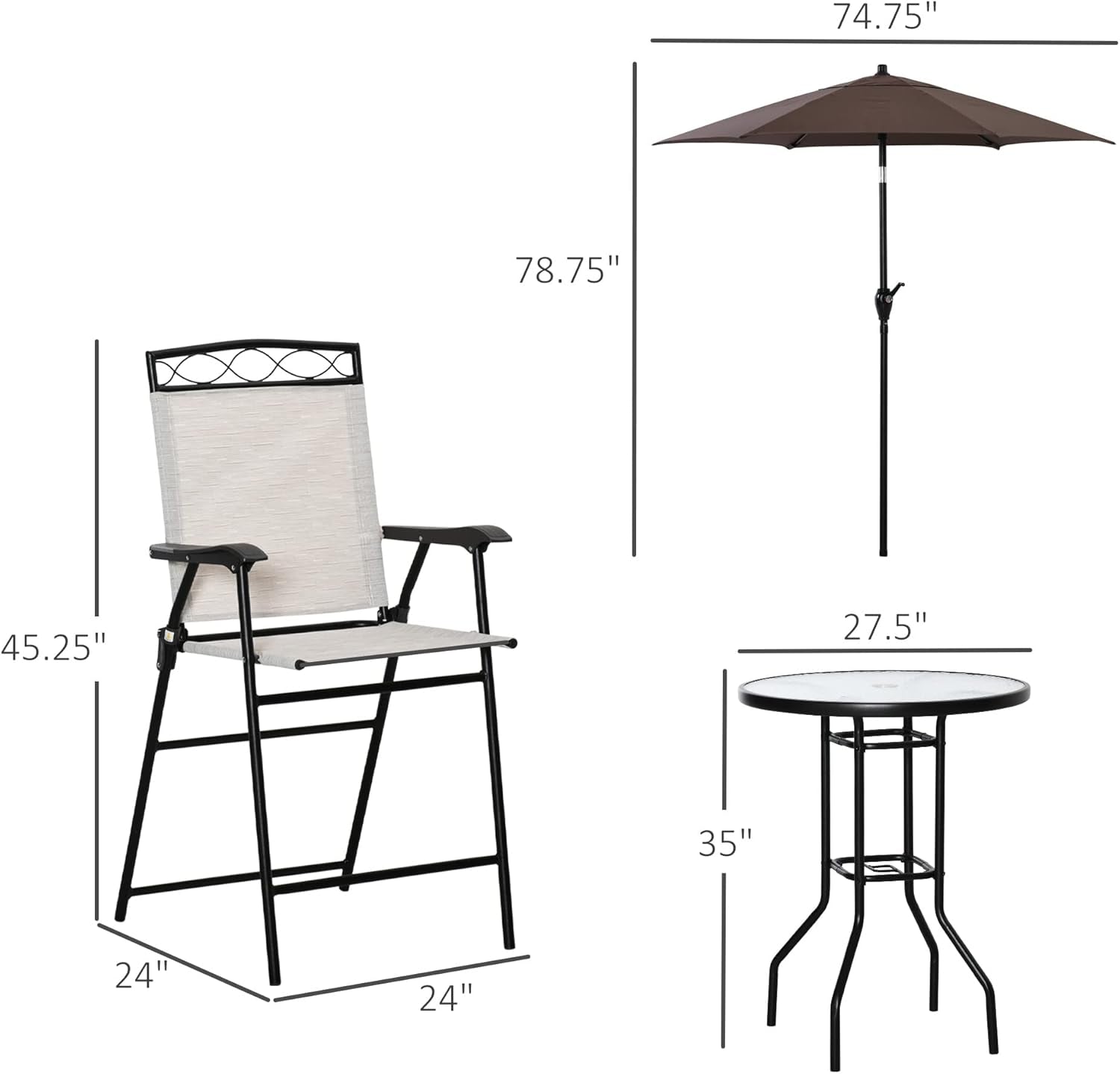 4 Piece Outdoor Patio Dining Furniture Set, 2 Folding Chairs, Adjustable Angle Umbrella, Wave Textured Tempered Glass Dinner Table, Beige-4