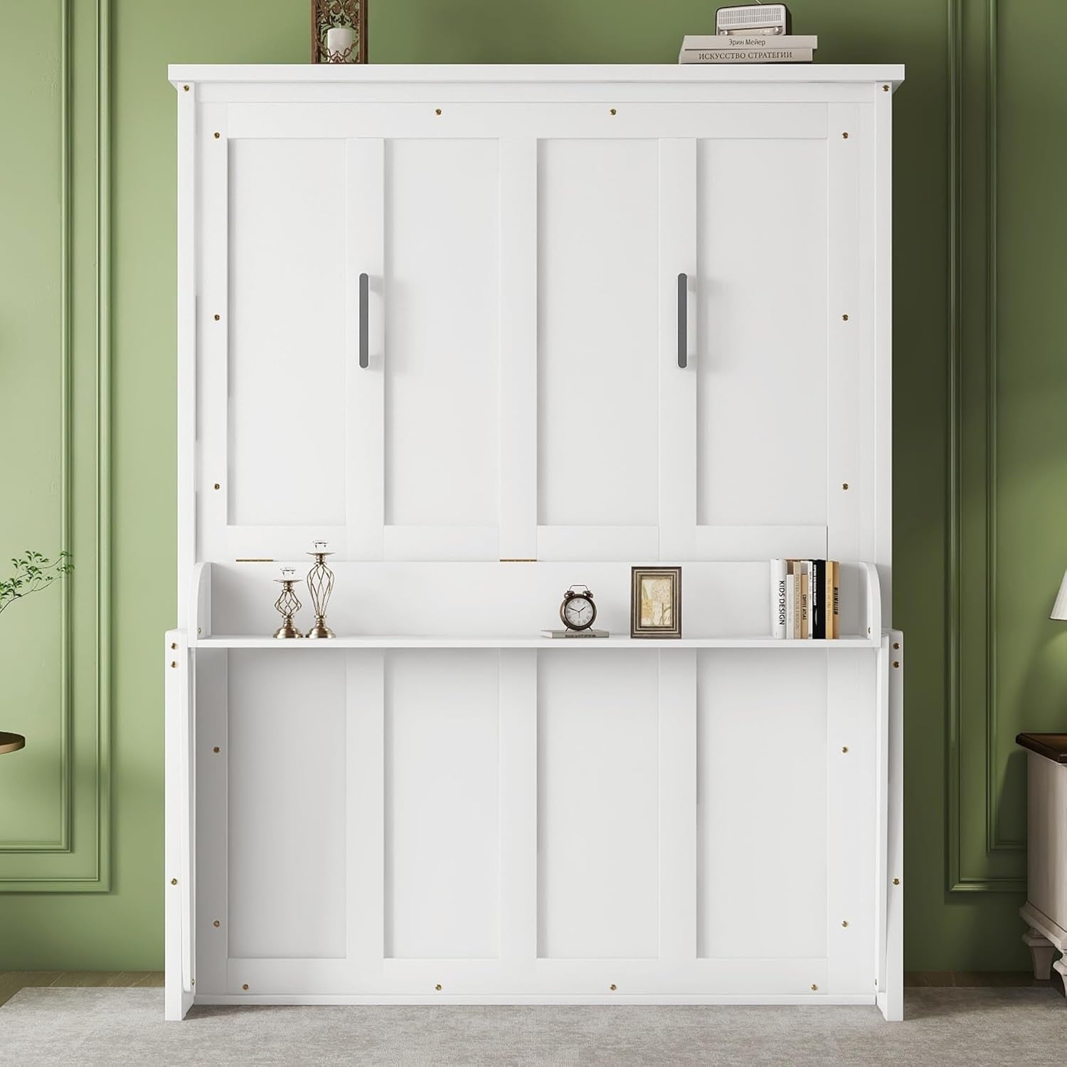 Queen Size Murphy Bed with Storage Shelf White-2