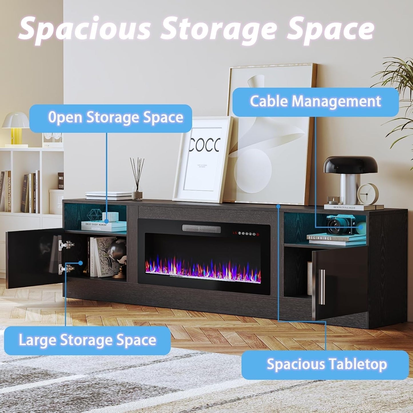 Fireplace TV Stand with 36" Fireplace，80" TV Stand with LED Light for Tvs up to 85"，Entertainment Center Console Table with Highlight Storage Cabinets (Black)-3