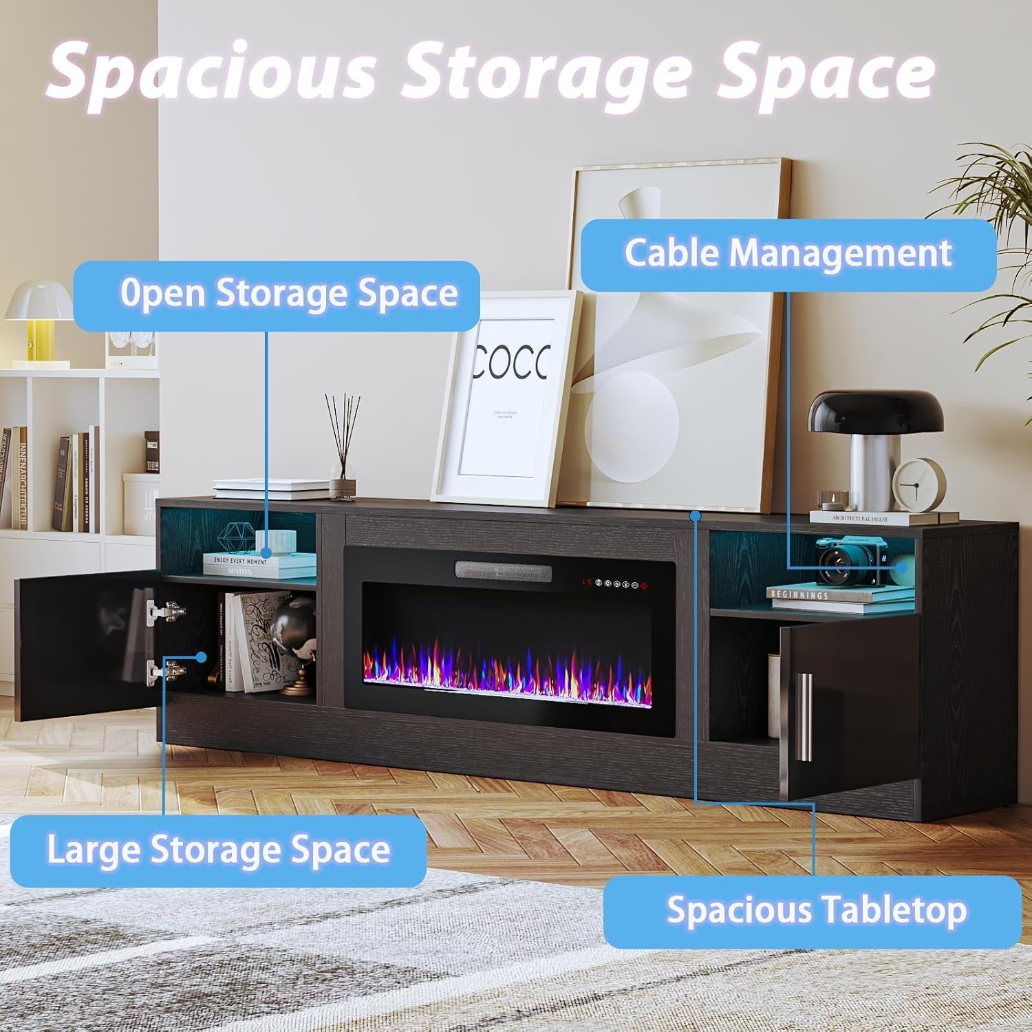 Fireplace TV Stand with 36" Fireplace，80" TV Stand with LED Light for Tvs up to 85"，Entertainment Center Console Table with Highlight Storage Cabinets (Black)-3