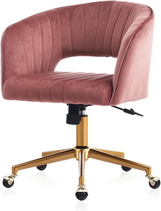 Home Office Chair Swivel Velvet Desk Chair, Vanity Chair with 360 Swivel Armchair and Gold Base,For Living Room, Bedroom, Vanity, Study (Pink)-0
