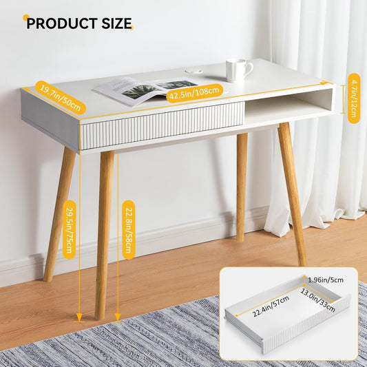 White Writing Desk Modern Desk Wooden Desk with Drawer, Small Office Desk Simple Computer Desk Makeup Table, White Oak-1