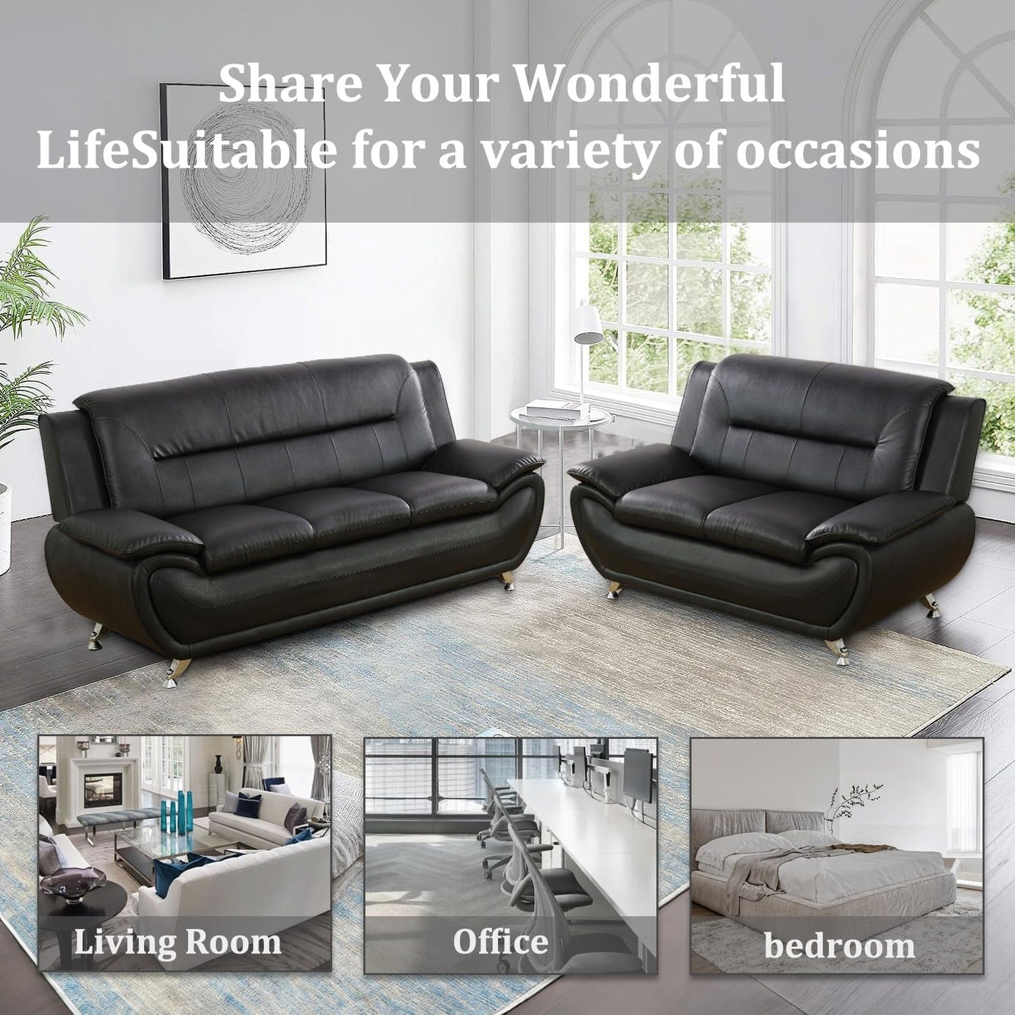 Black Faux Leather Sofa Loveseat Set Living Room-4