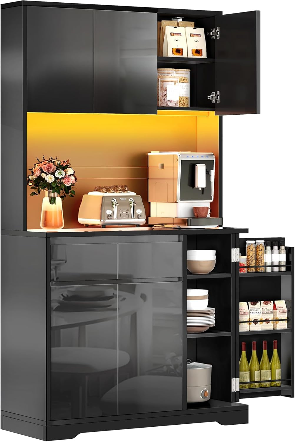 71'' Tall Kitchen Pantry Hutch Storage Cabinet with Microwave Stand, Drawer, Doors and Shelves, Outlet & Led Light, Modern Buffet Cabinet for Dining Room, Living Room, Black-0