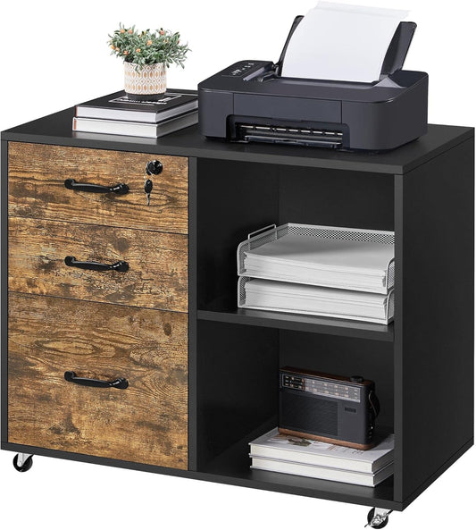 Lateral File Cabinet with Lock for Letter, A4 Size, 3 Drawer Printer Stand with Open Storage Compartments, Mobile Filing Cabinet for Home Office, Black/Rustic Brown-0
