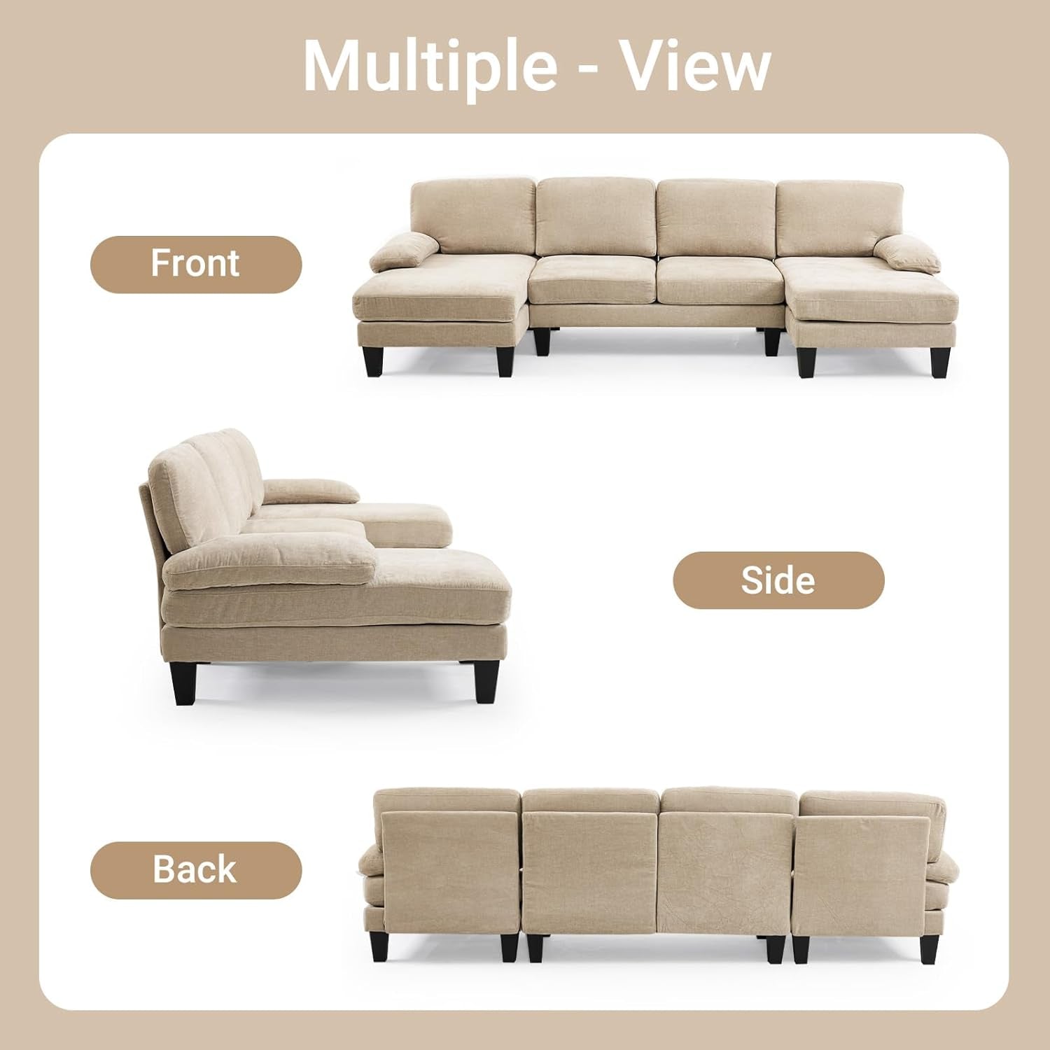 Light Khaki 110" U-Shape Sectional Couch Double Chaise-4