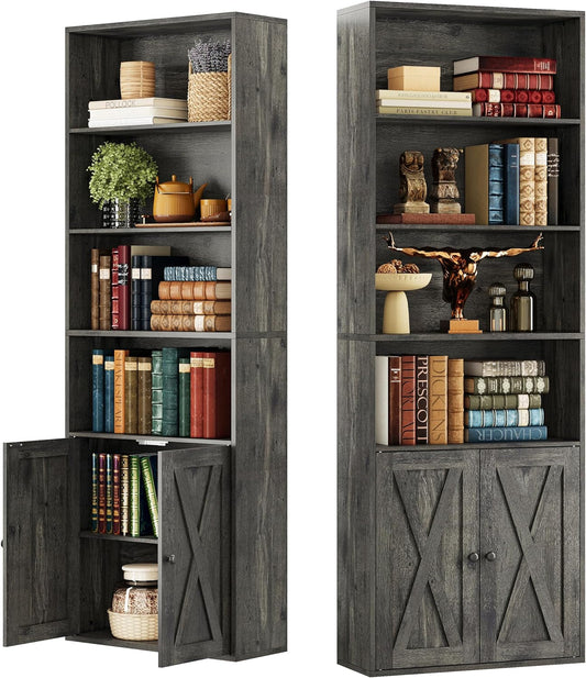 Industrial Bookshelves and Bookcases with Doors Set of 2 Floor Standing 6 Shelf Display Storage Shelves 70 in Tall Bookcase for Home Office, Living Room-0