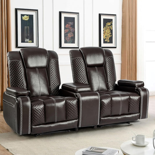 Recliner Chair Set of 2 Theater Seating with Massage & Heating Breathable Leather Sofa, USB Ports, Suitable Living Room Home Brown-0