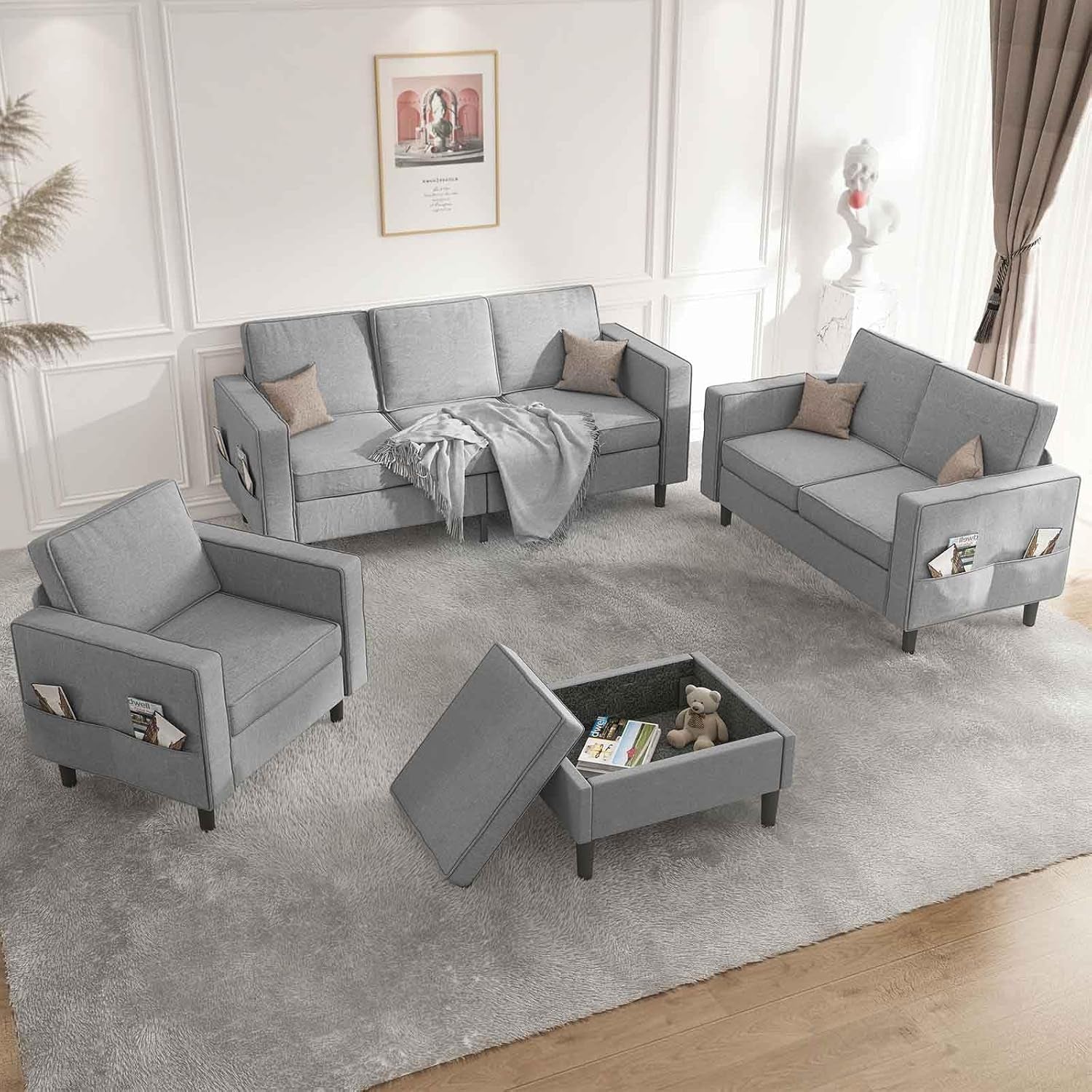 4Pcs Sofa Set for Living Room, Sectional Couches Modern Sofas with Movable Storage Ottoman/Side Pockets/Modern Sofas/Easy Assembly/Free Combination - Light Grey-0