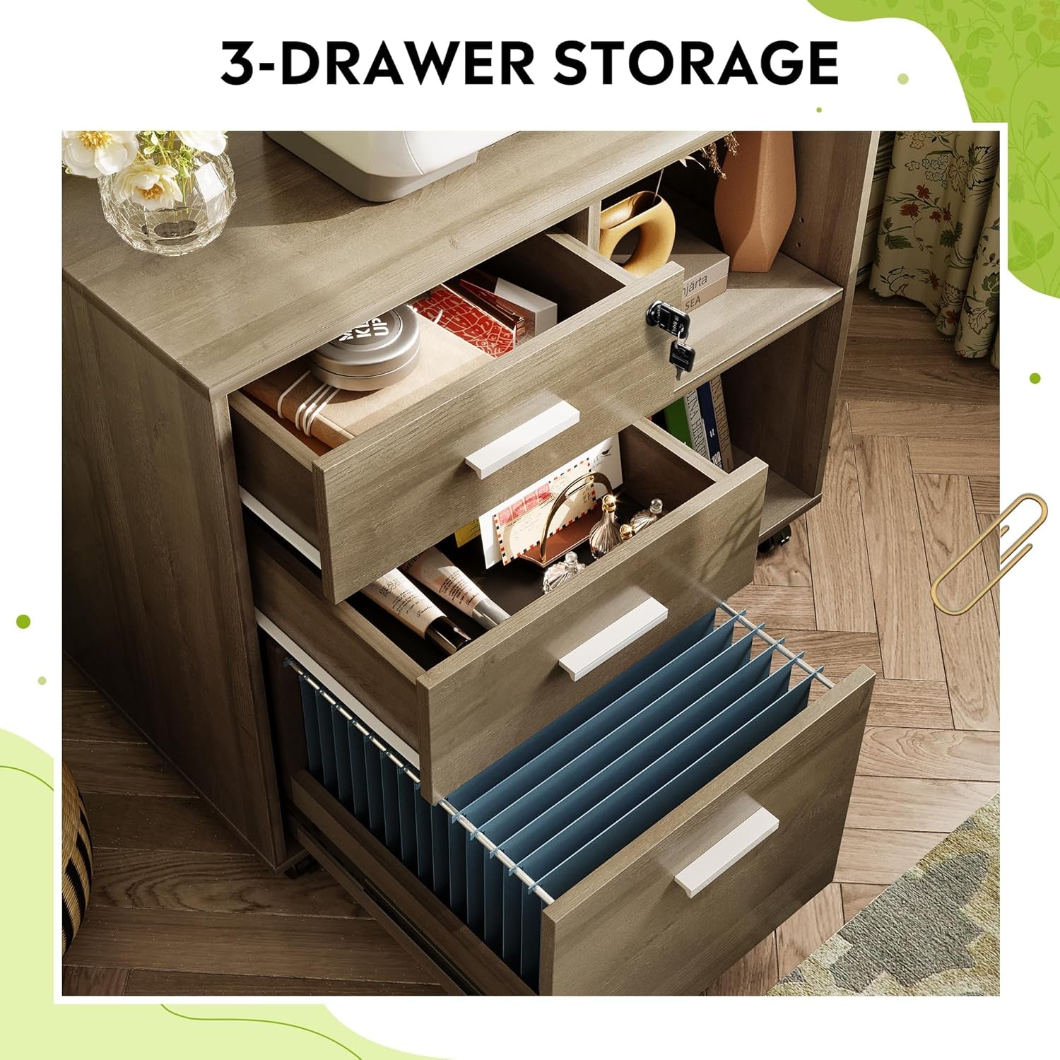 3-Drawer Wood File Cabinet with Lock, Mobile Lateral Filing Cabinet, Printer Stand with Open Storage Shelves for Home Office, Gray Oak-3