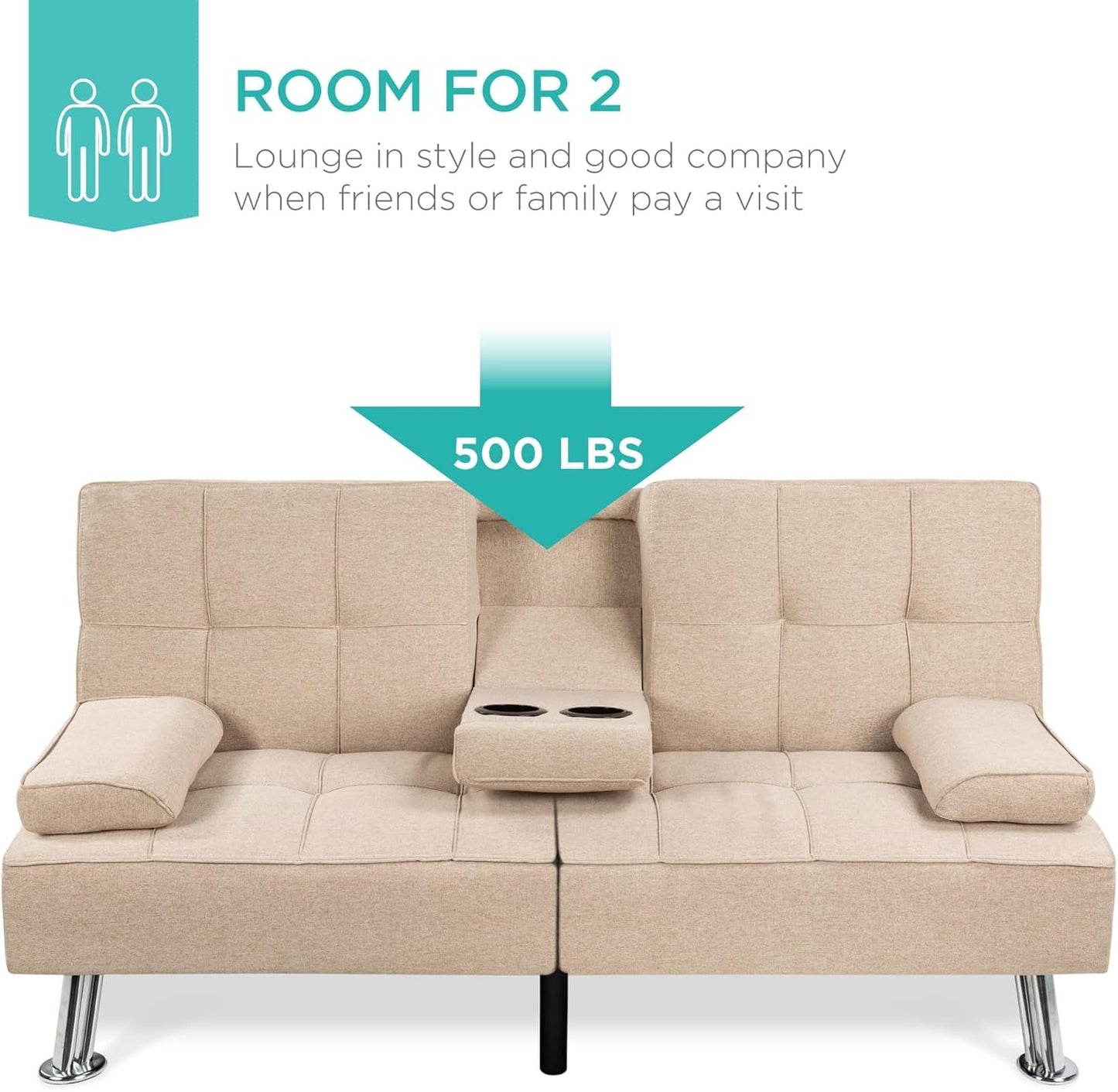 Linen Modern Folding Futon, Reclining Sofa Bed for Apartment, Dorm W/Removable Armrests, 2 Cupholders - Beige-3