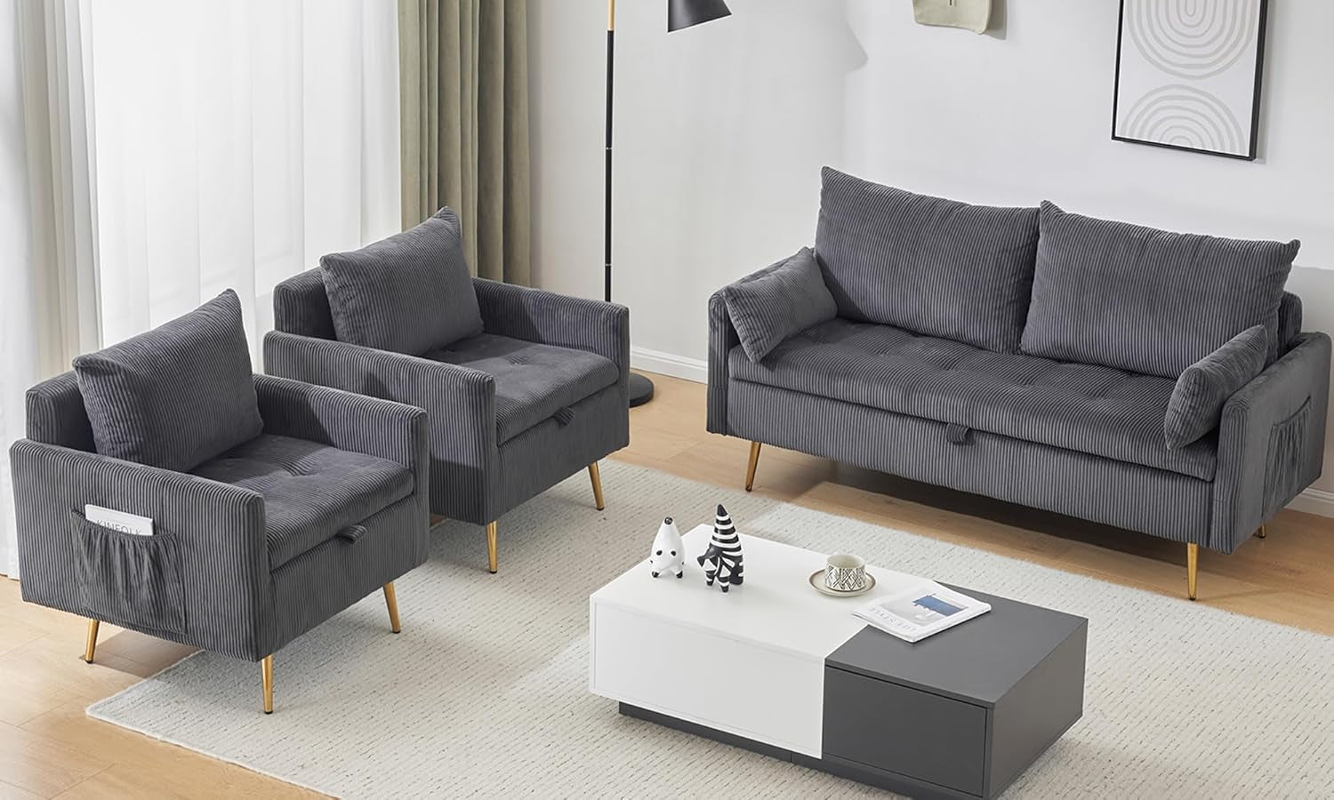 3-Piece Storage Sofa and Couch Set, Corduroy Loveseat with 2Pc Accent Single Chairs, Small Living Room Furniture Set for Apartment, Tiny Homes and Lofts, 3Pc-Gray-0