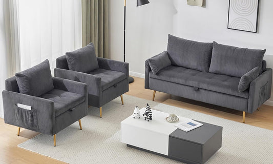 3-Piece Storage Sofa and Couch Set, Corduroy Loveseat with 2Pc Accent Single Chairs, Small Living Room Furniture Set for Apartment, Tiny Homes and Lofts, 3Pc-Gray-0