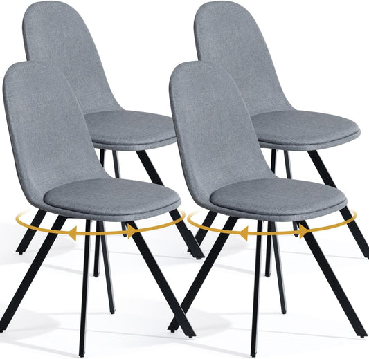 Dining Chairs Swivel Set of 4, Fabric Accent Side Chair Armelss Mid Back with Padded Rotated Seat Cushion and Metal Legs for Kitchen, Dining Room, Living Room, Bedroom, Slubbed Grey-0