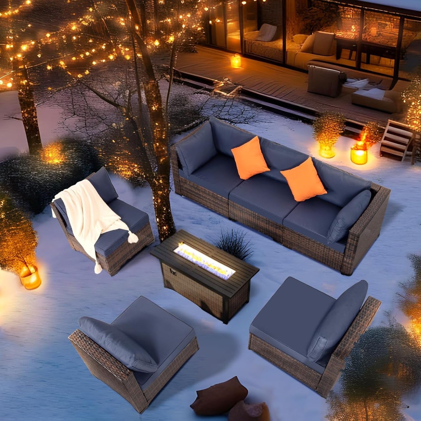 7 Pieces Outdoor Patio Furniture Set, Wicker Sectional Sofa Set Rattan Modular Patio Conversation Sets with Cushions Couch Set & Coffee Table for Outside, Garden, Balcony, Porch, Brown-Blue-2