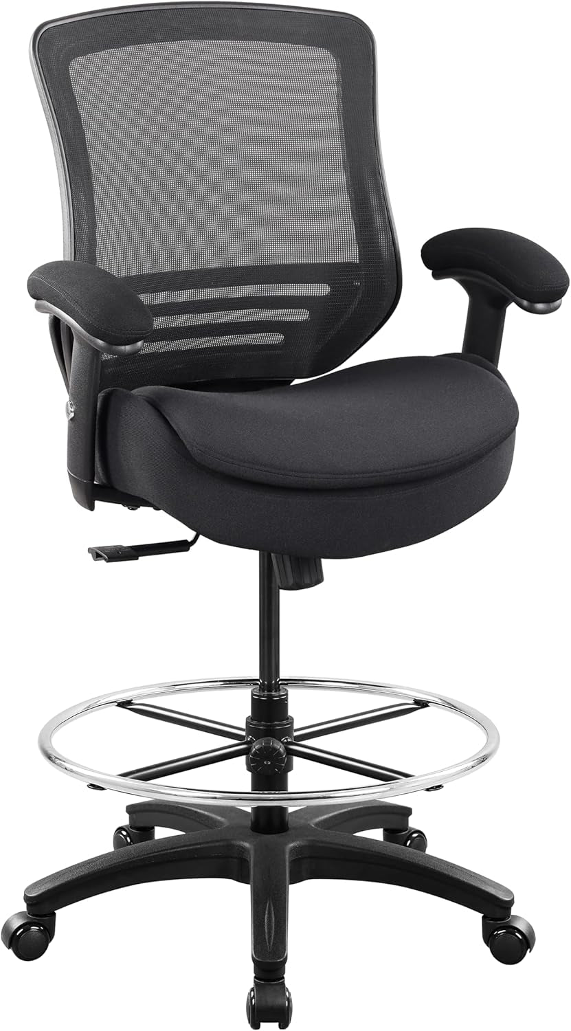 400Lbs Mid Back Mesh Ergonomic Drafting Chair Big Adjustable Foot Ring Height Adjustable Armrest (Black) ﻿-0