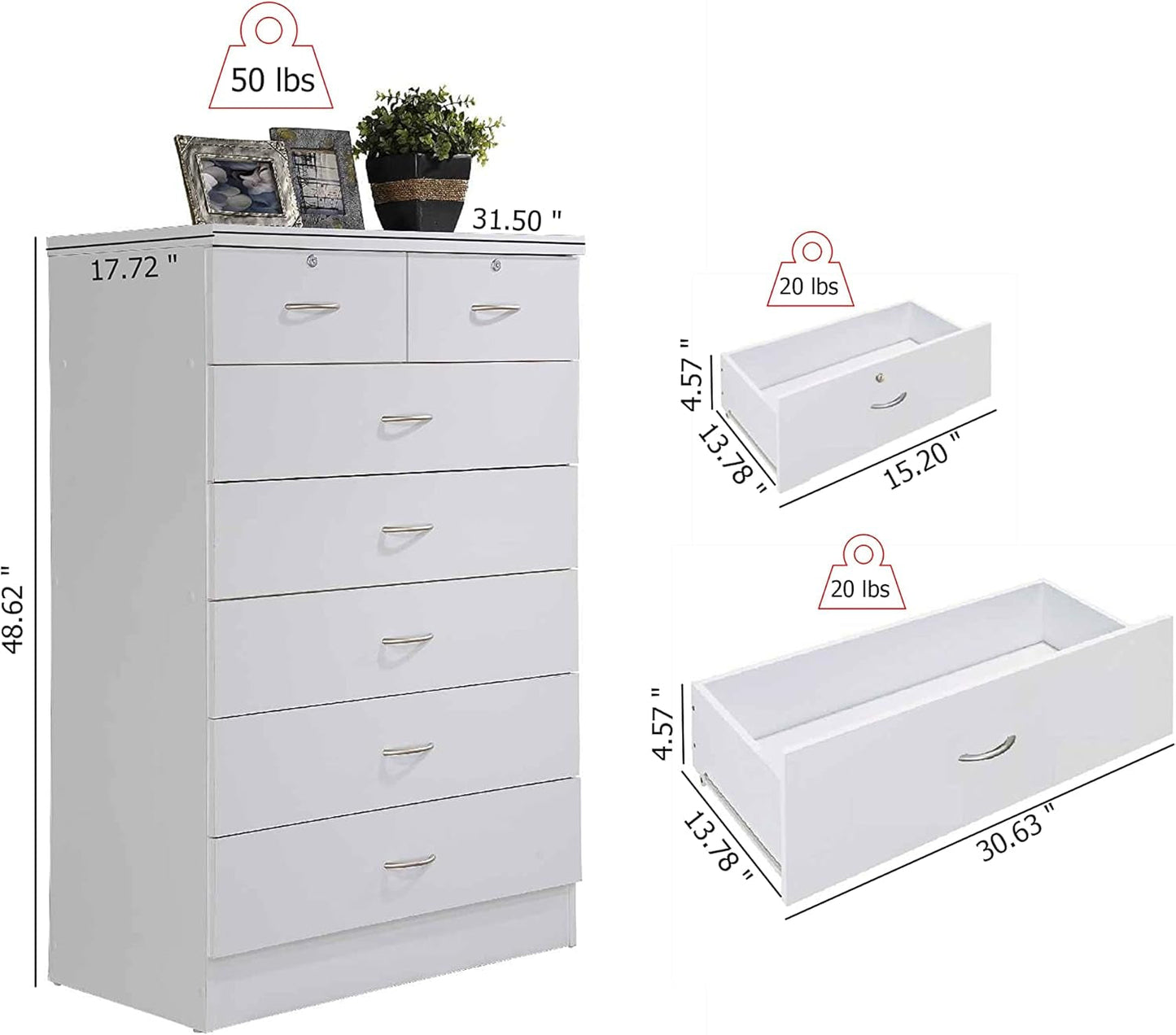 7 Drawer Wood Dresser for Bedroom, 31.5 Inch Wide Chest of Drawers, with 2 Locks on the Top Drawers, Storage Organization Unit for Clothing, White-2