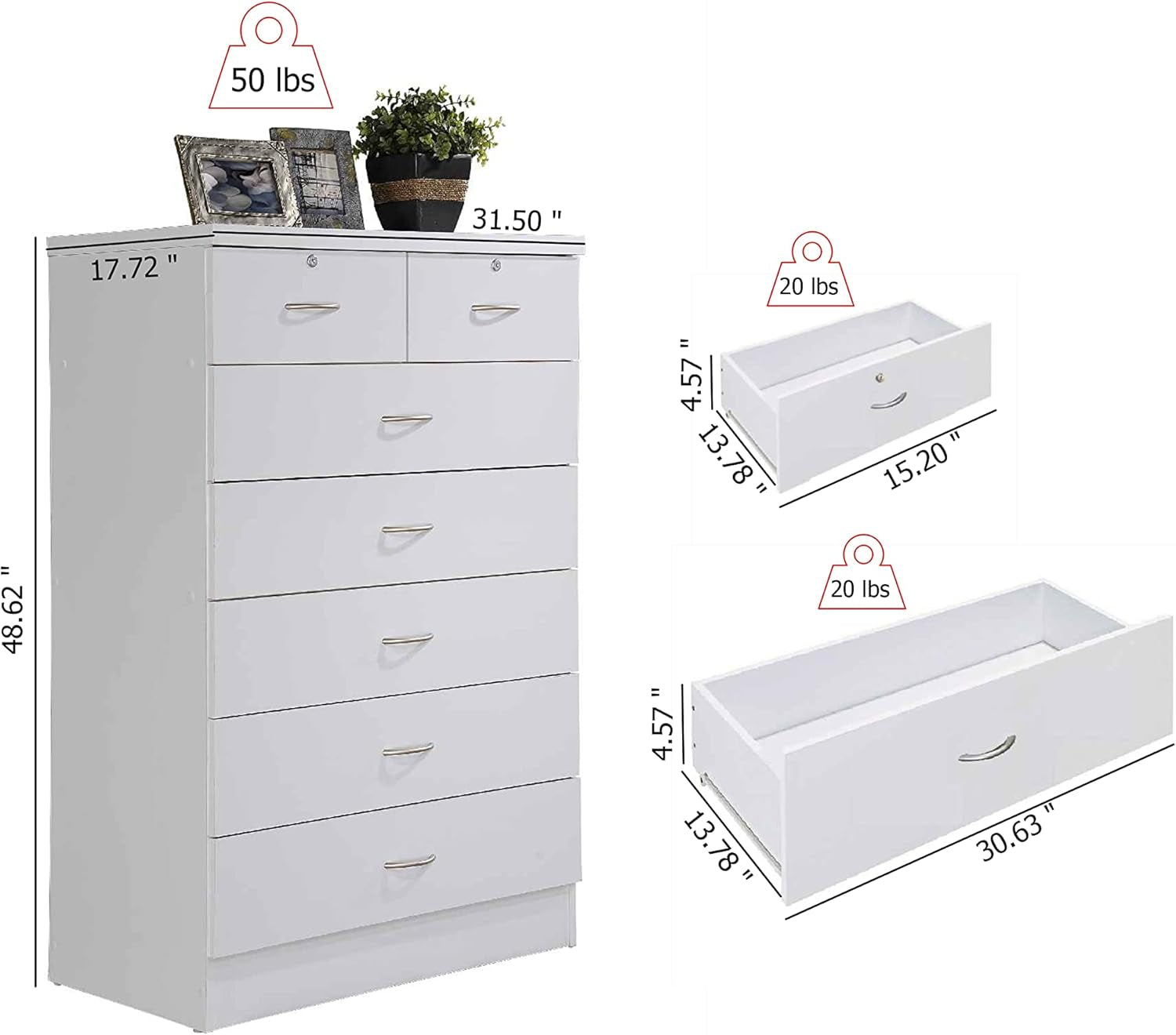 7 Drawer Wood Dresser for Bedroom, 31.5 Inch Wide Chest of Drawers, with 2 Locks on the Top Drawers, Storage Organization Unit for Clothing, White-2