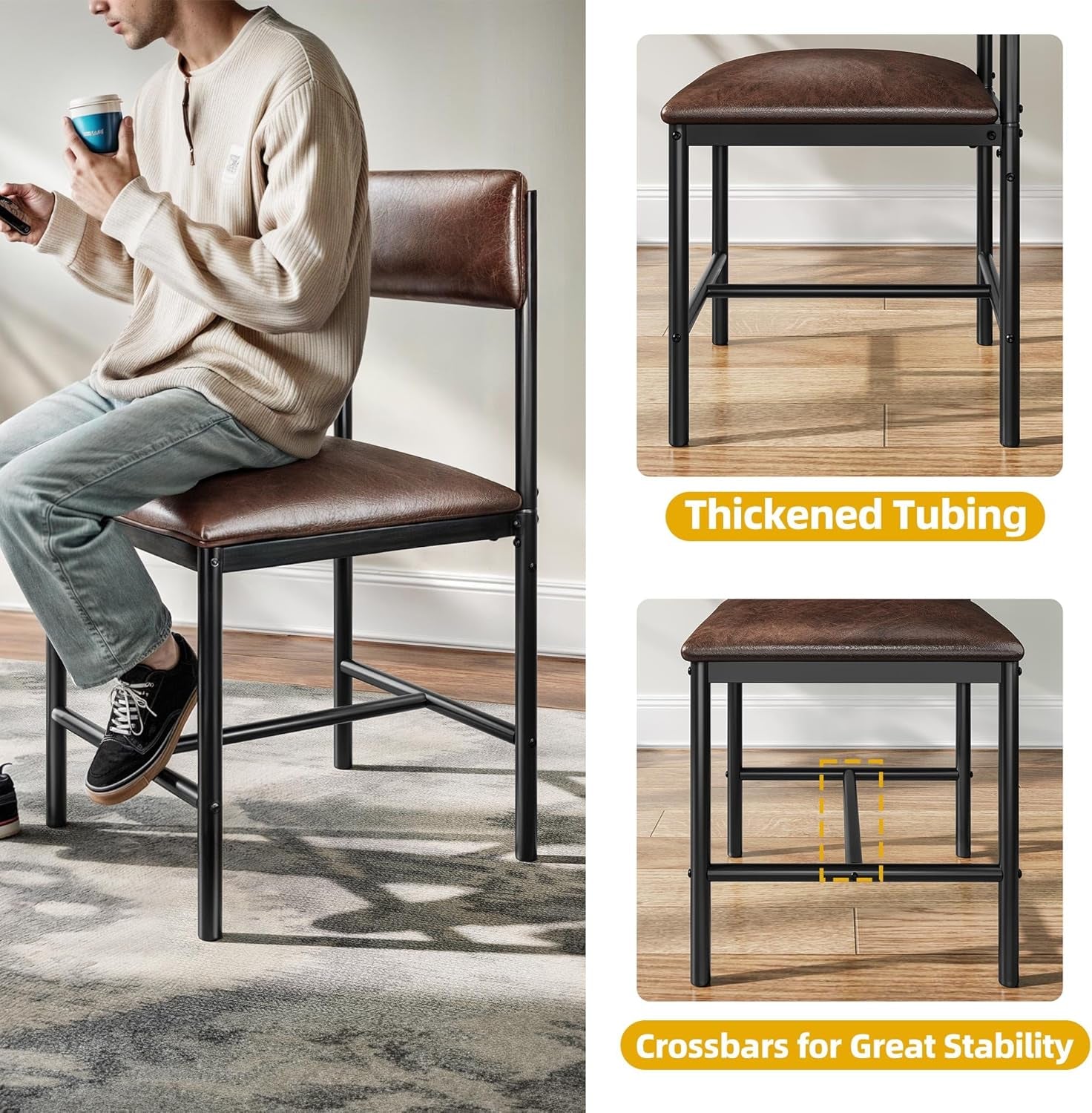 Dining Room Chairs Set of 4 Brown Upholstered Dining Chairs Modern Kitchen Chairs Faux Leather Restaurant Chairs with Metal Legs for Living Room Kitchen and Dining Room, 4 Pack-4