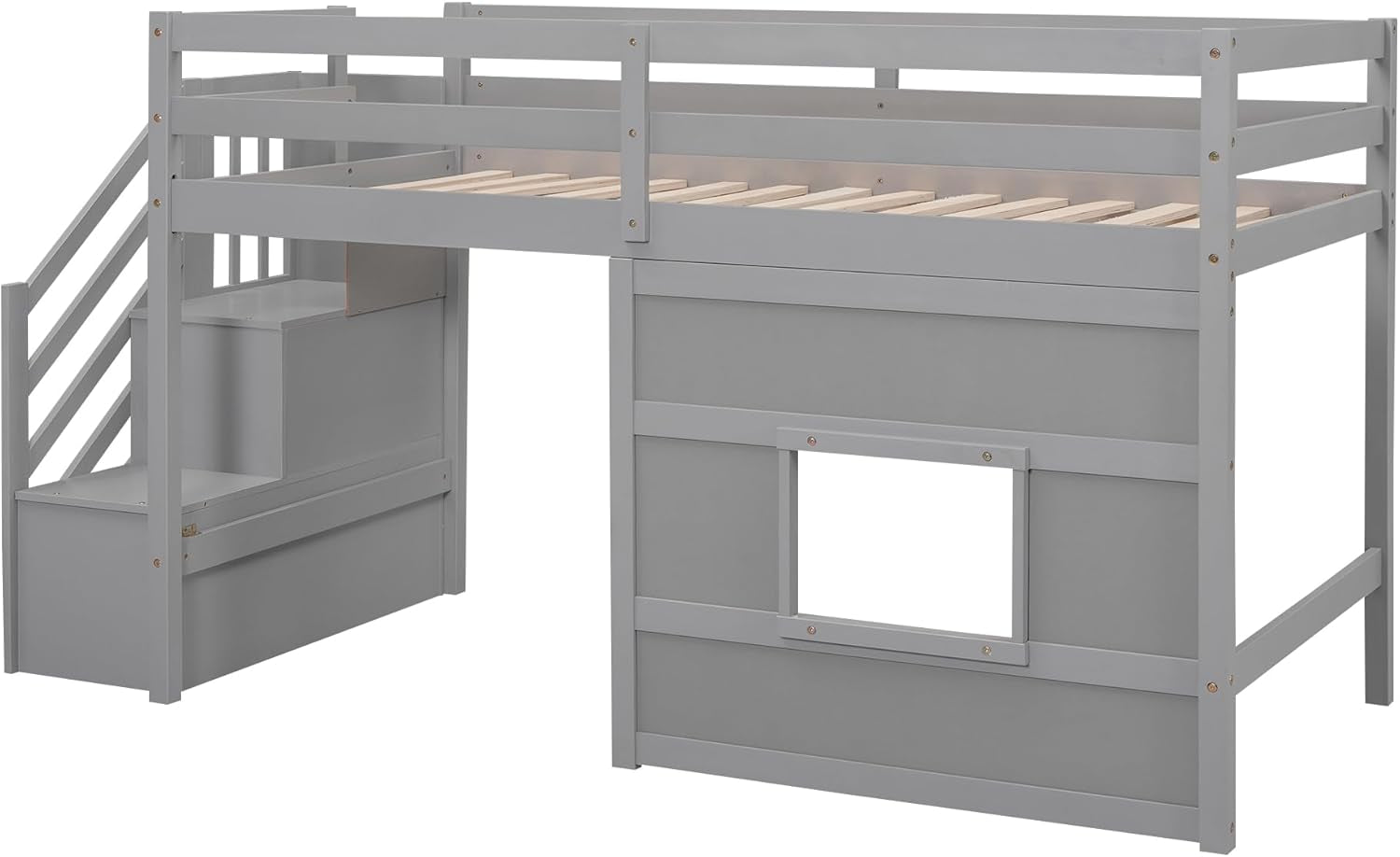 Twin Size Low Loft Bed with Stairs, Kids Loft Bed with Storage,Solid Wood Twin Loft Bed Frame for Kids, Space Saving Low Loft Bed for Boys, Girls, Gray-4