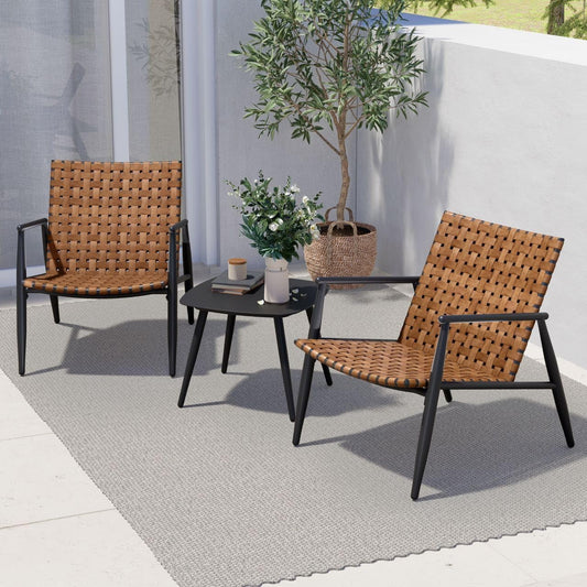 Outdoor Bistro Set 3 Pieces Leather-Look Wicker Patio Chairs Set Powder Coated Aluminum Frame with Outdoor Chairs Set of 2 and Side Table for Garden Backyard Balcony Brown-0