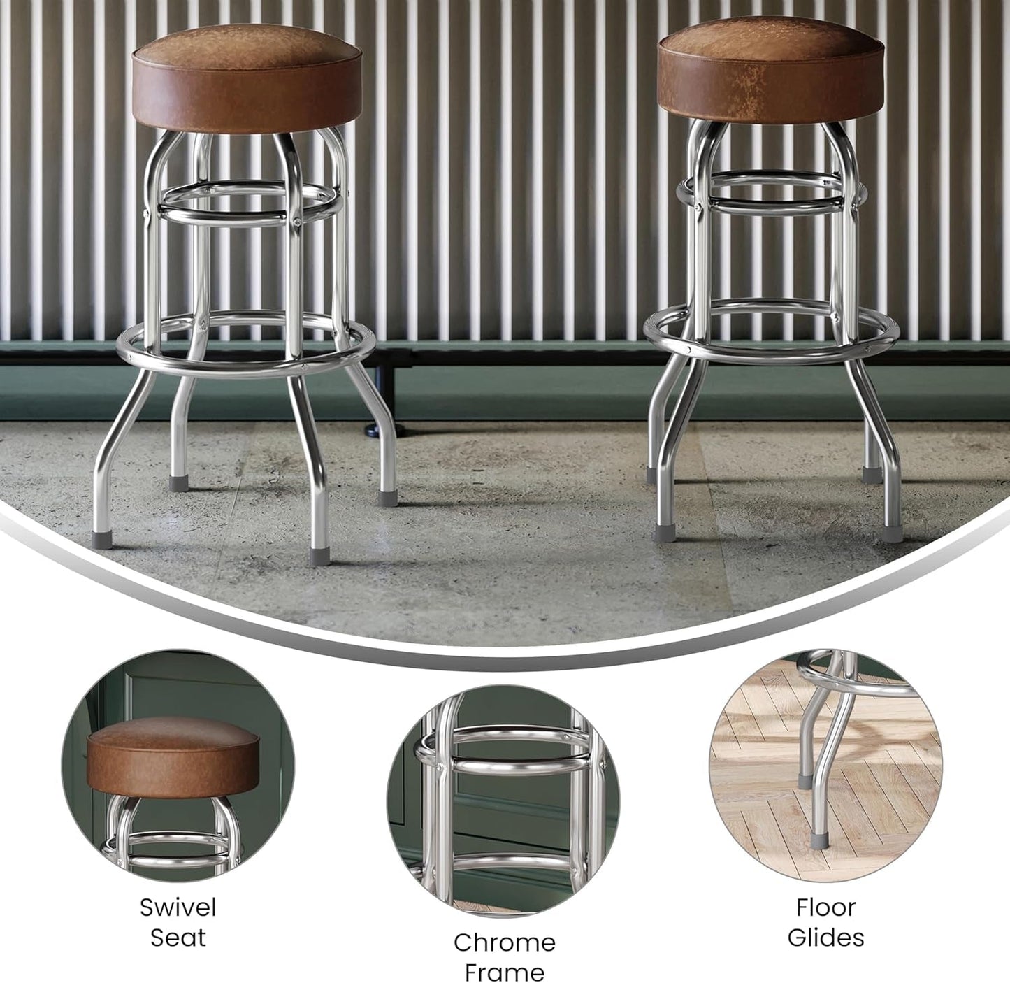 Bruno 2 Pack Double Ring Chrome Barstool with Weathered Brown Seat-4