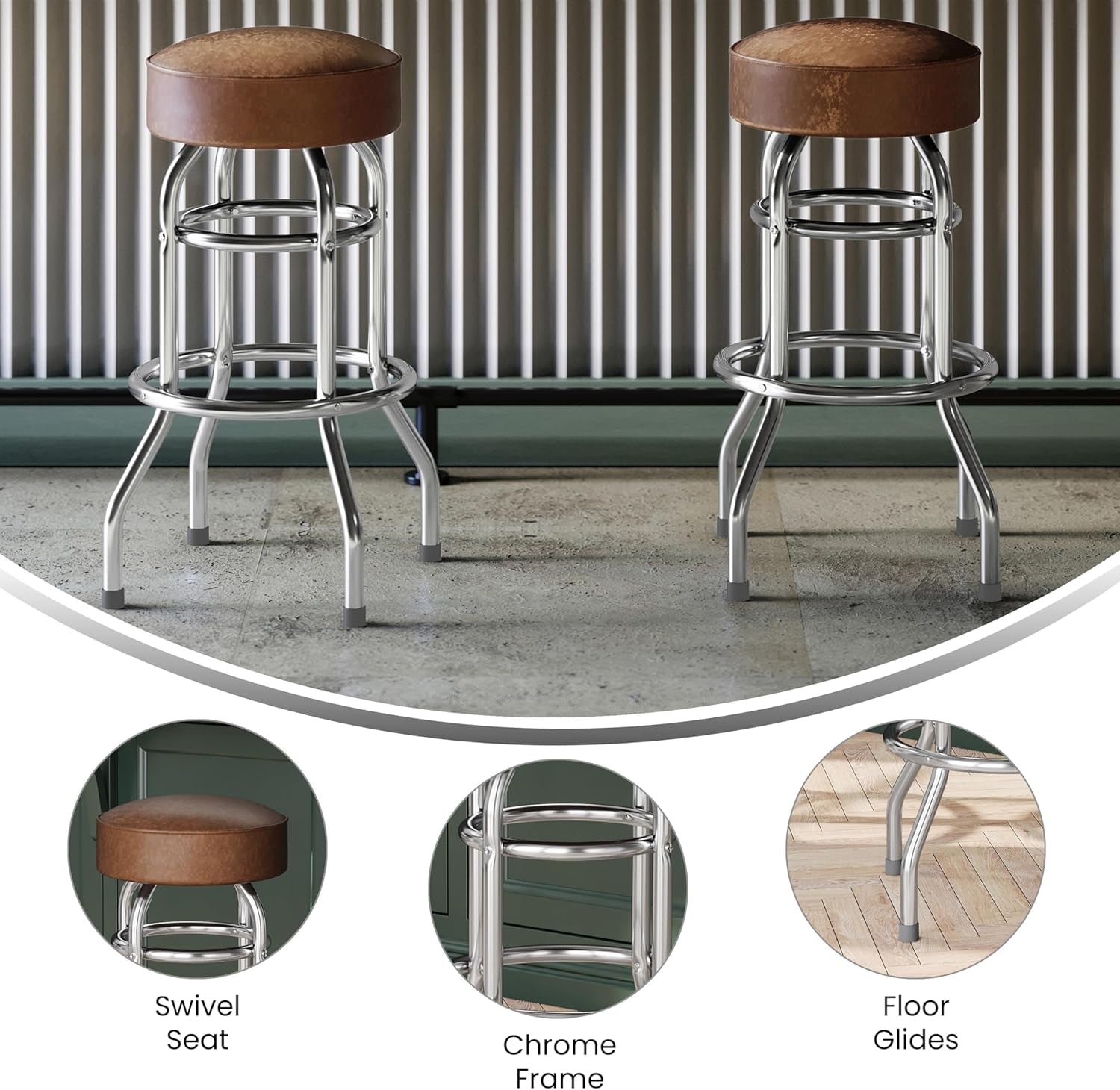 Bruno 2 Pack Double Ring Chrome Barstool with Weathered Brown Seat-4