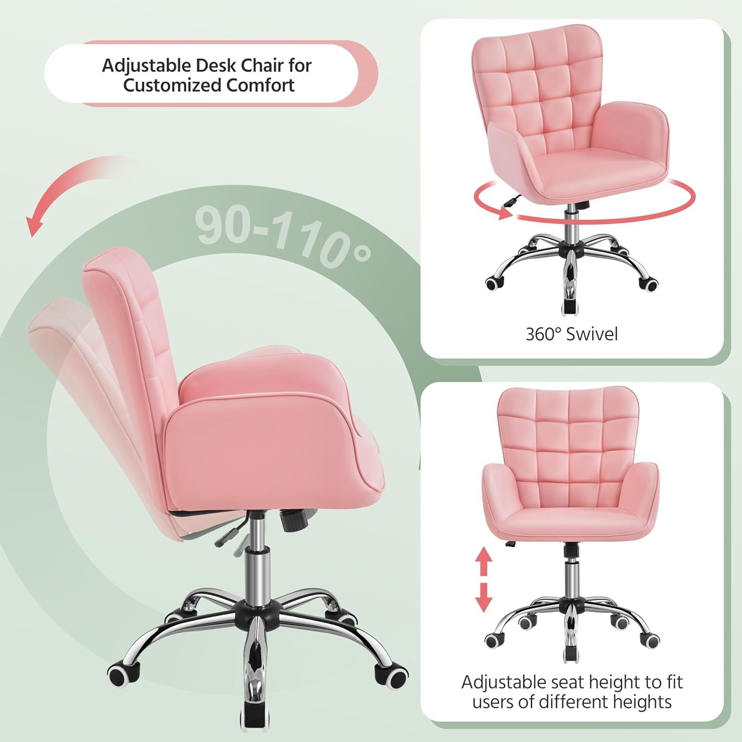 Faux Leather Office Chair Modern Vanity Chair Ergonomic Adjustable Makeup Chair with Padded Armrests Big Seat for Office, Study, Home, Pink-3