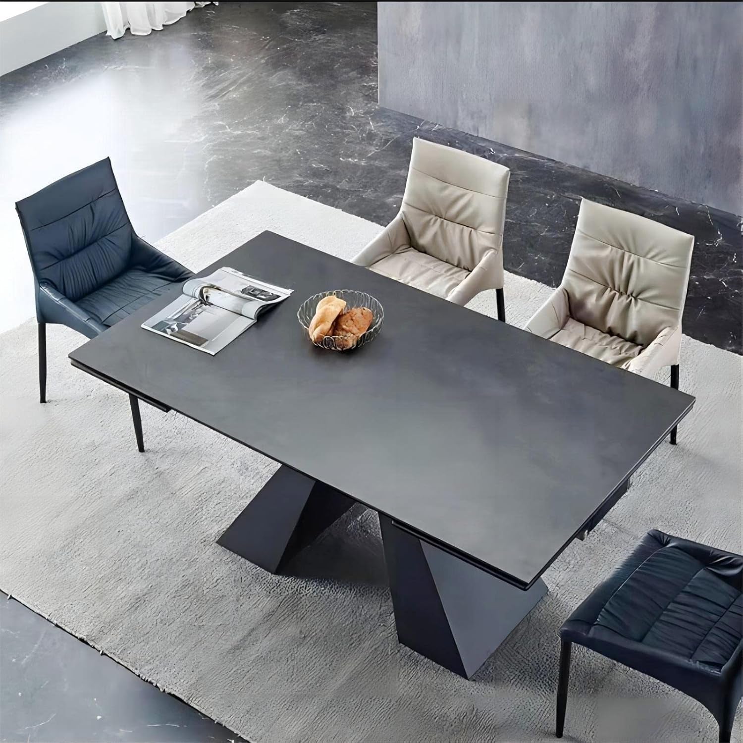 Extendable Dining Table for 8-12 Seat, Flexible Stretch, Tabletop Made from Rock Plate and Tempered Glass, Solid Carbon Steel Base, 35.4" D X 94.5" W X 30" H, Dark Grey-3